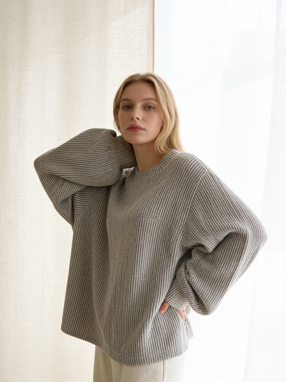 Lush Oversized Ribbed Knit Sweater Gray Cream Balloon Sleeve Pullover L
